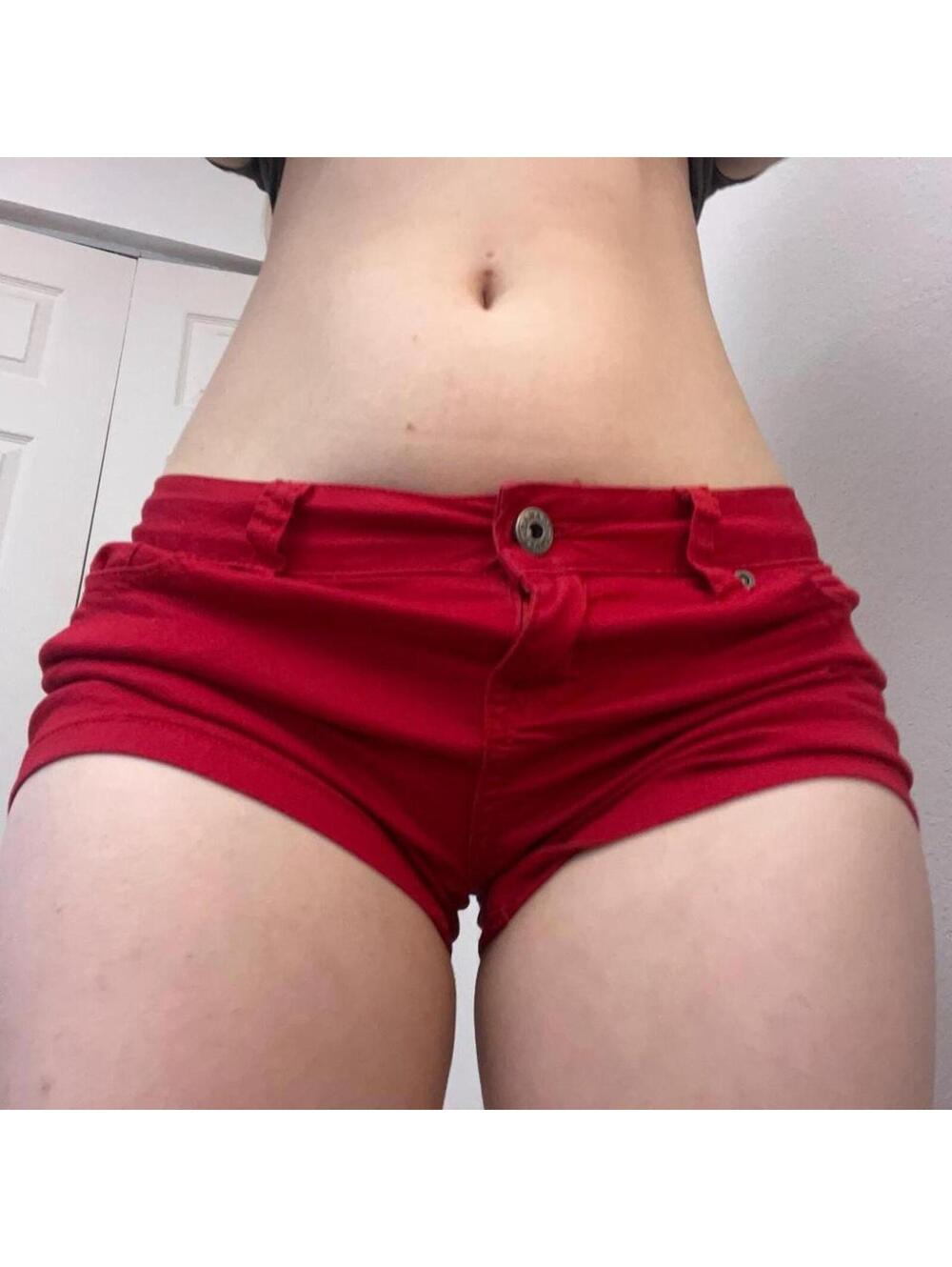 Red low rise denim shorts